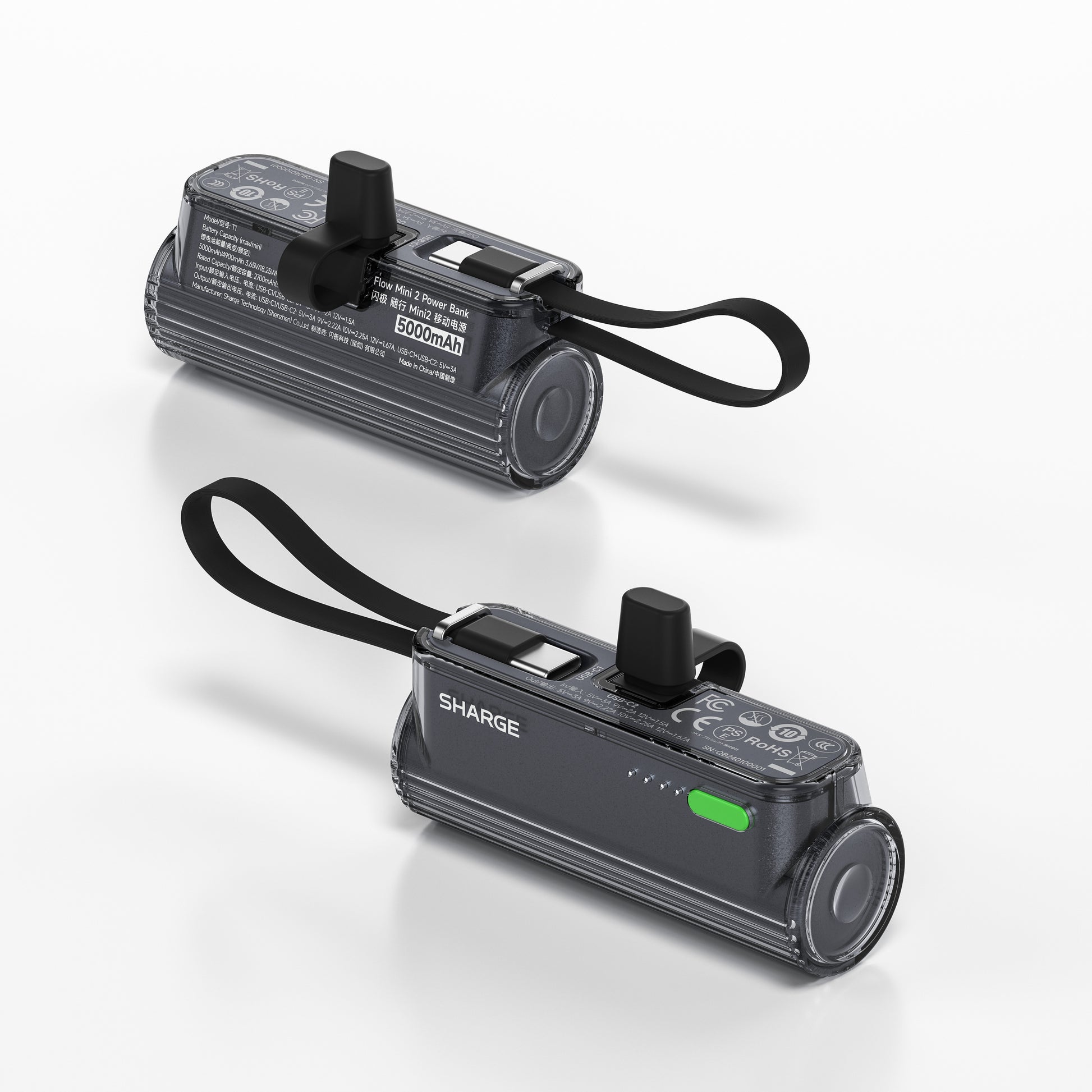 SHARGE Flow Mini 2 power bank with swappable connector, compact design, and built-in USB-C cable for convenient charging.