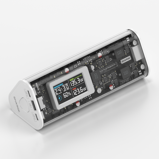 SHARGE Shargeek 170 power bank with transparent design and display, 24000mAh, 170W output, fast charging.