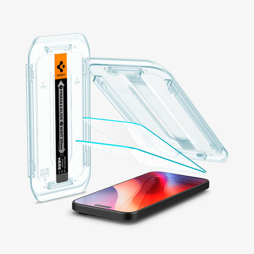 A clear Spigen screen protector for the iPhone 16 Pro Max is displayed alongside the phone. The protector has a transparent appearance and is designed to fit precisely on the phone's screen.
