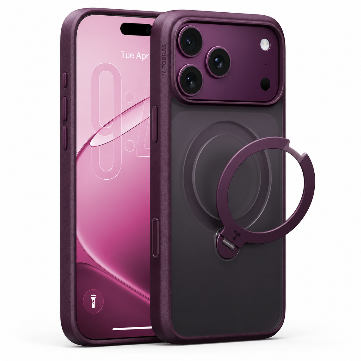 A dark purple MagSafe-compatible phone case shown from the front and back. The back view features a built-in circular ring stand and a camera cutout with a matching purple ring accent.
