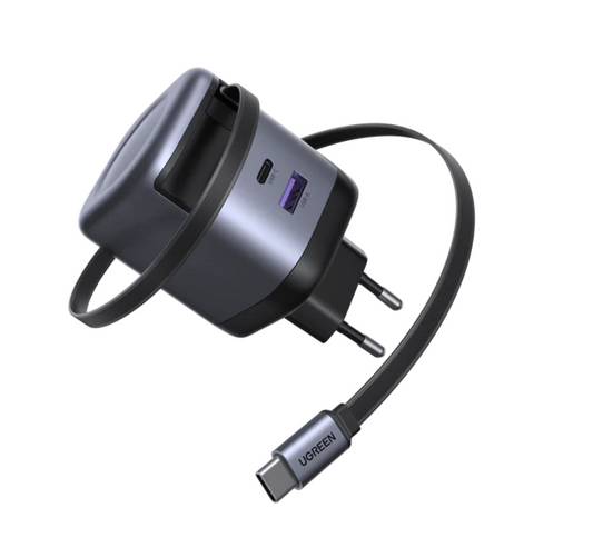 Grey Black UGREEN Nexode USB-C Retractable Charger 65W fast charging