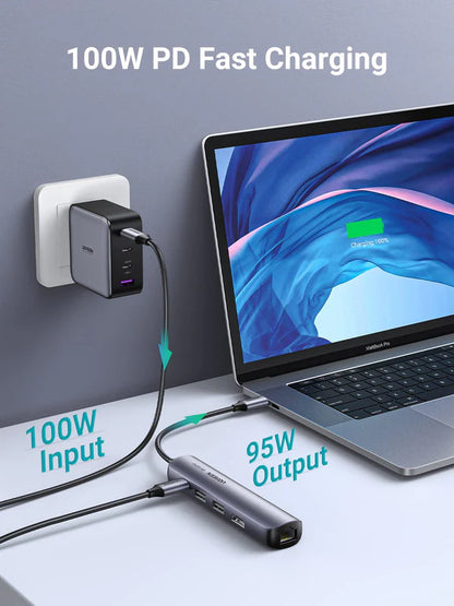 UGREEN USB-C to 2*USB 3.0+HDMI+RJ45 Ethernet Adapter+PD multi use 100w 95W