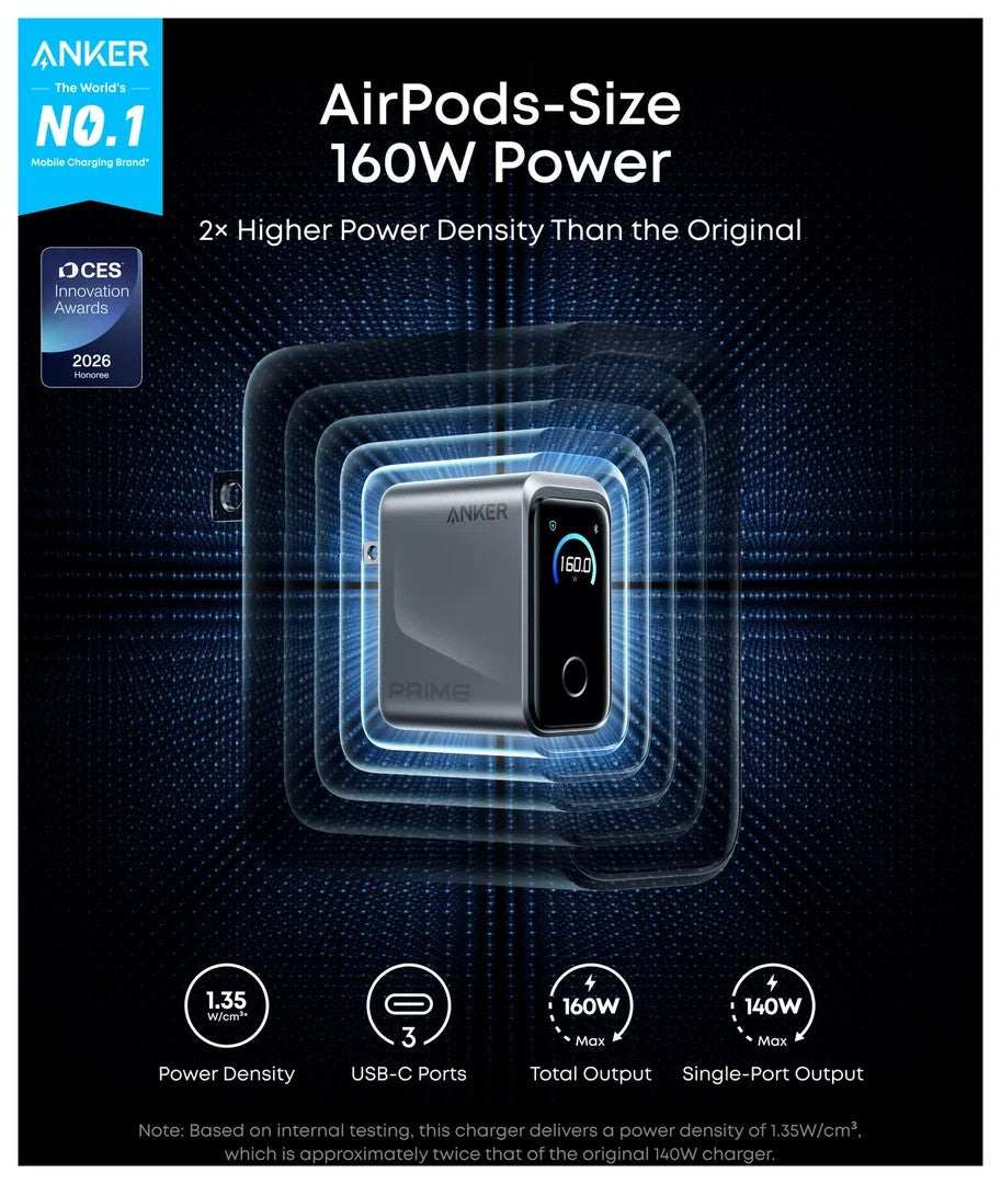 Anker Prime Charger (160W, 3 Ports, Smart Display)