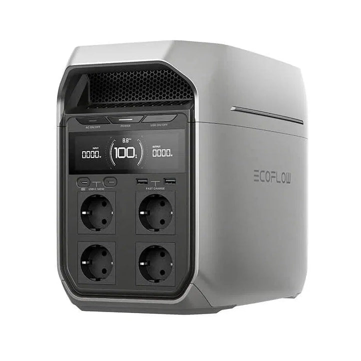 EcoFlow power station with digital display and multiple outlets on a white background