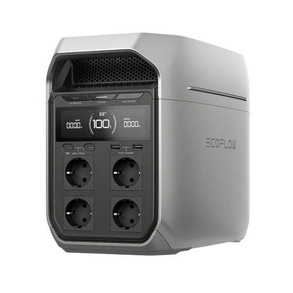 EcoFlow power station with digital display and multiple outlets on a white background