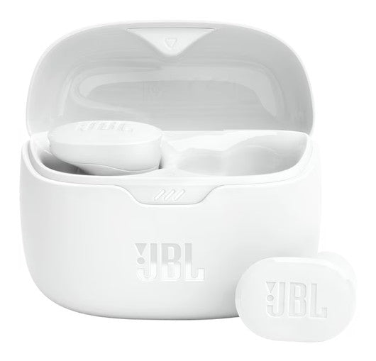 JBL Tune Buds Active Noise Cancelling wireless earbuds in charging case, showcasing sleek white design.