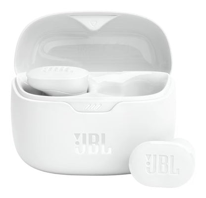 JBL Tune Buds Active Noise Cancelling wireless earbuds in charging case, showcasing sleek white design.