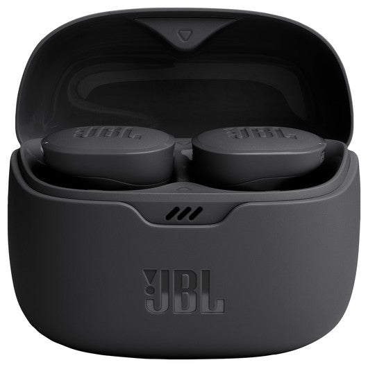 JBL Tune Buds Active Noise Cancelling earbuds in charging case, showcasing sleek design and brand logo.
