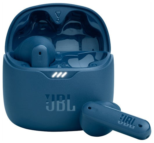 JBL Tune Flex Active Noise Cancelling true wireless earbuds in charging case, showcasing blue color and design.