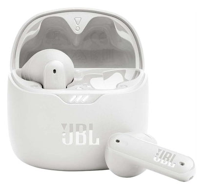 JBL Tune Flex Active Noise Cancelling in white case with earbuds on display, highlighting its design and features.