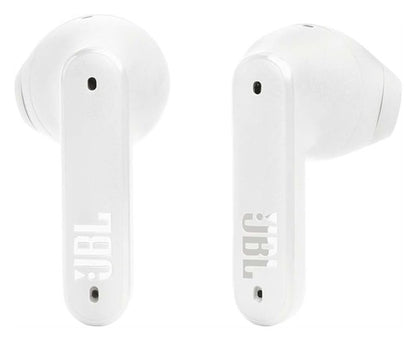JBL Tune Flex Active Noise Cancelling true wireless earbuds in white color, featuring sleek design and JBL branding.