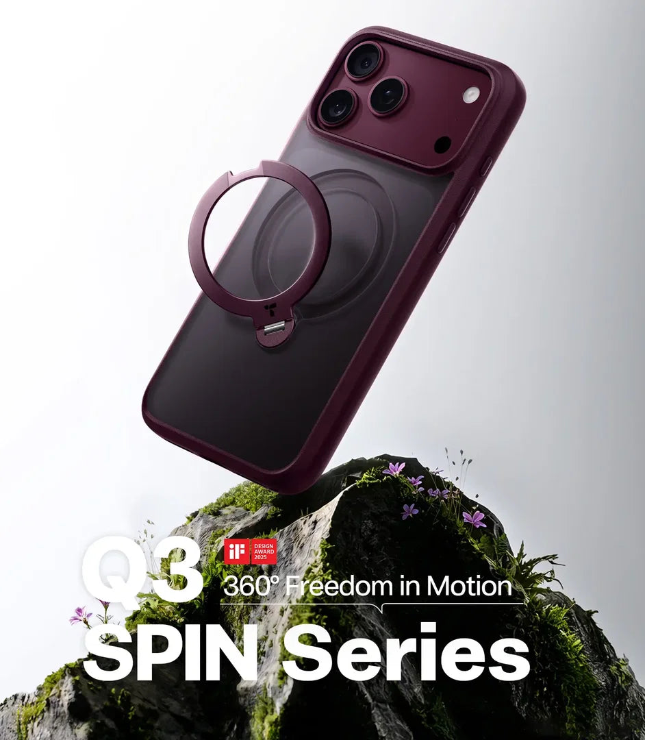 A dark purple magnetic phone case with a built-in ring stand, shown floating above a mossy rock. The image features promotional text overlays reading 'Q3 360° Freedom in Motion SPIN Series' and a small red 'IP' badge.