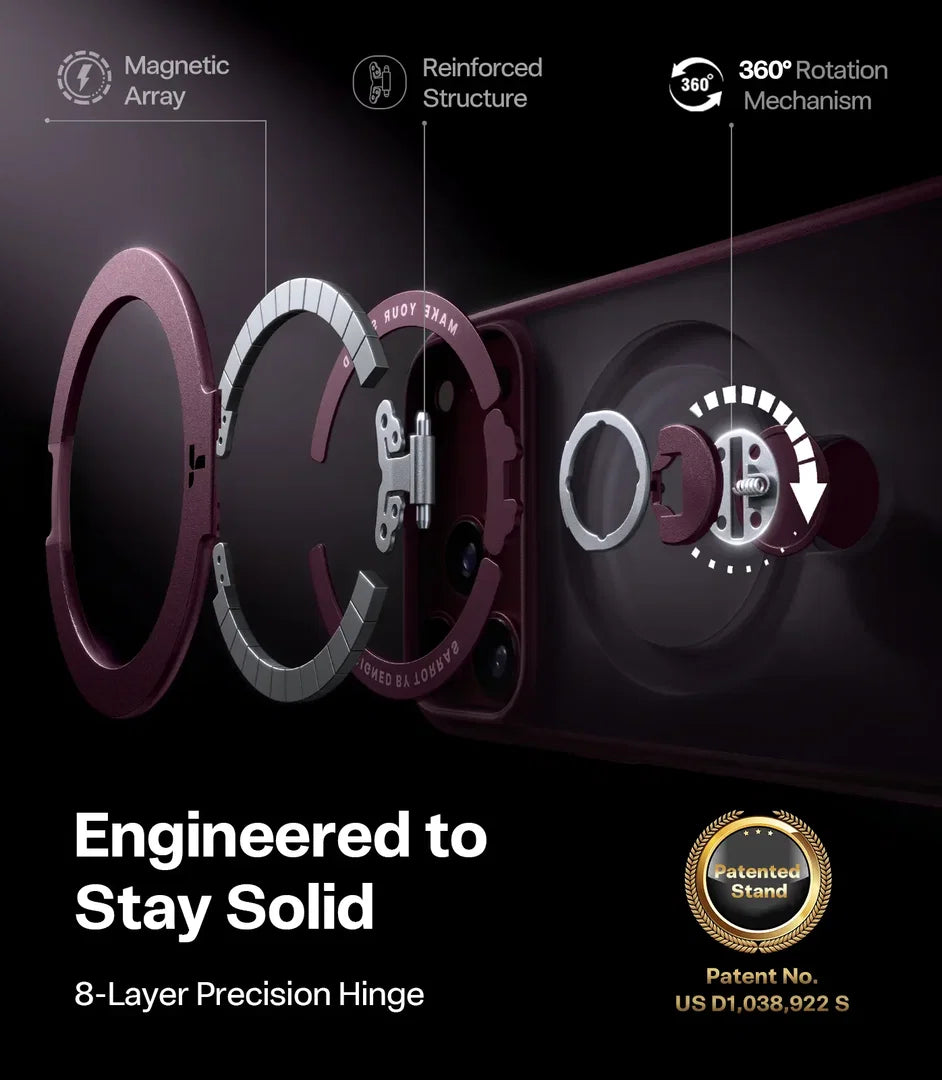 Technical promotional graphic showing a smartphone case hinge mechanism with labeled callouts: Magnetic Array, Reinforced Structure, and 360° Rotation Mechanism. The case is shown in an exploded cross-section on a dark background, with marketing text reading 'Engineered to Stay Solid' and '8-Layer Precision Hinge,' plus a patented stand badge.