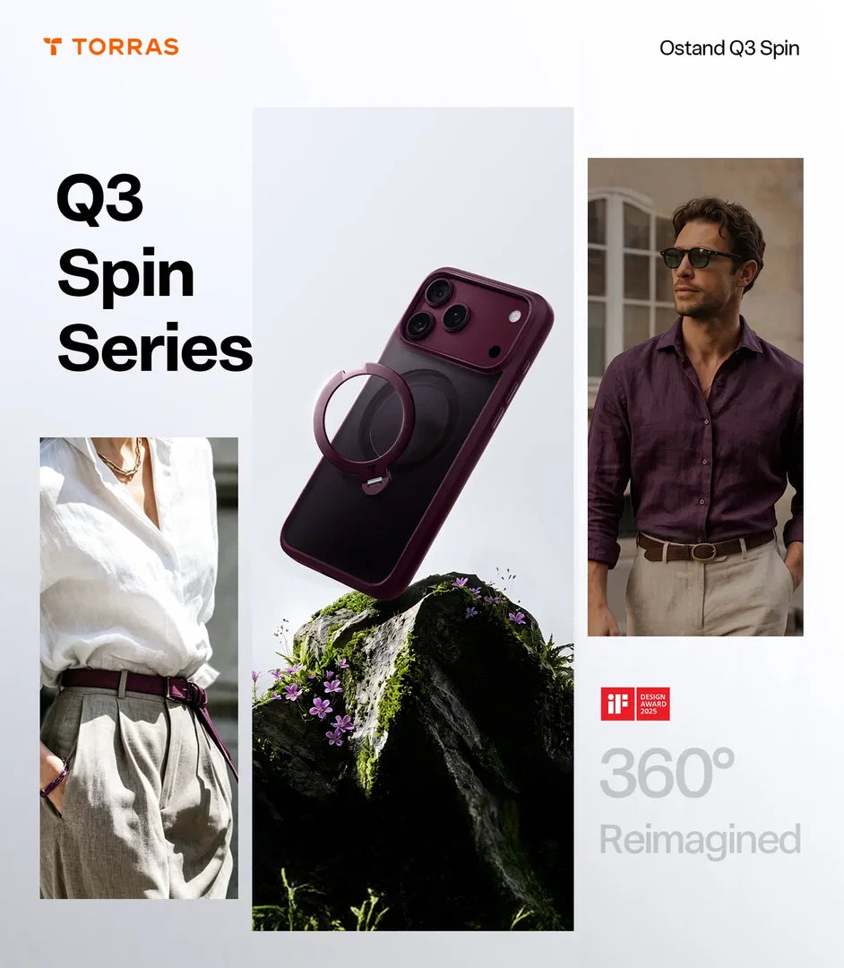 Promotional collage for the T. Torras Q3 Spin Series phone case, featuring a dark burgundy case with a circular MagSafe ring floating above a rock, alongside lifestyle photos of models wearing the case and the text 'Q3 Spin Series', 'Ostand Q3 Spin', and '360° Reimagined'.