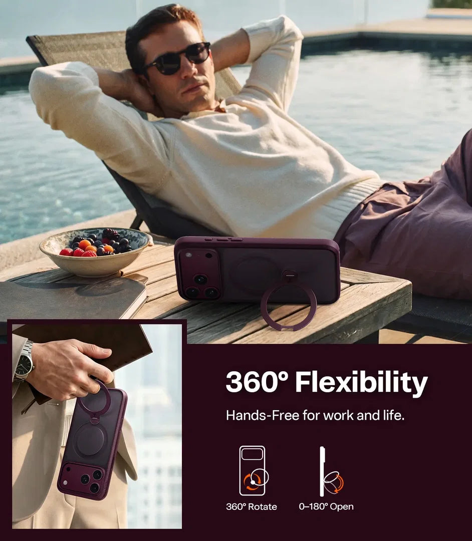 A man relaxes in a poolside lounge chair while wearing a dark purple magnetic phone case on a wooden table. The image includes a close-up inset showing the case's 360-degree flexibility and a text panel describing '360° Flexibility' with icons demonstrating rotation and opening.