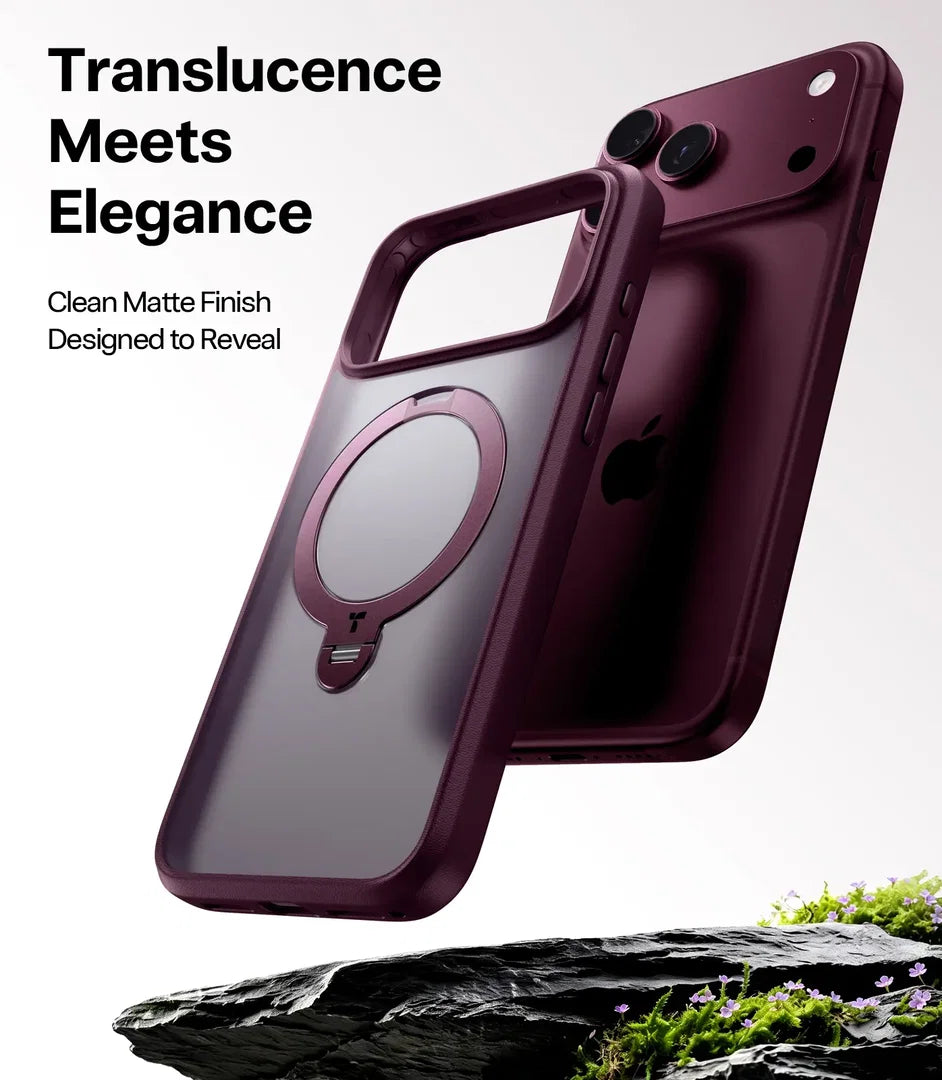 A translucent dark purple phone case with a matching magnetic ring stand, shown from the back over a white background with promotional text and a rock at the bottom.
