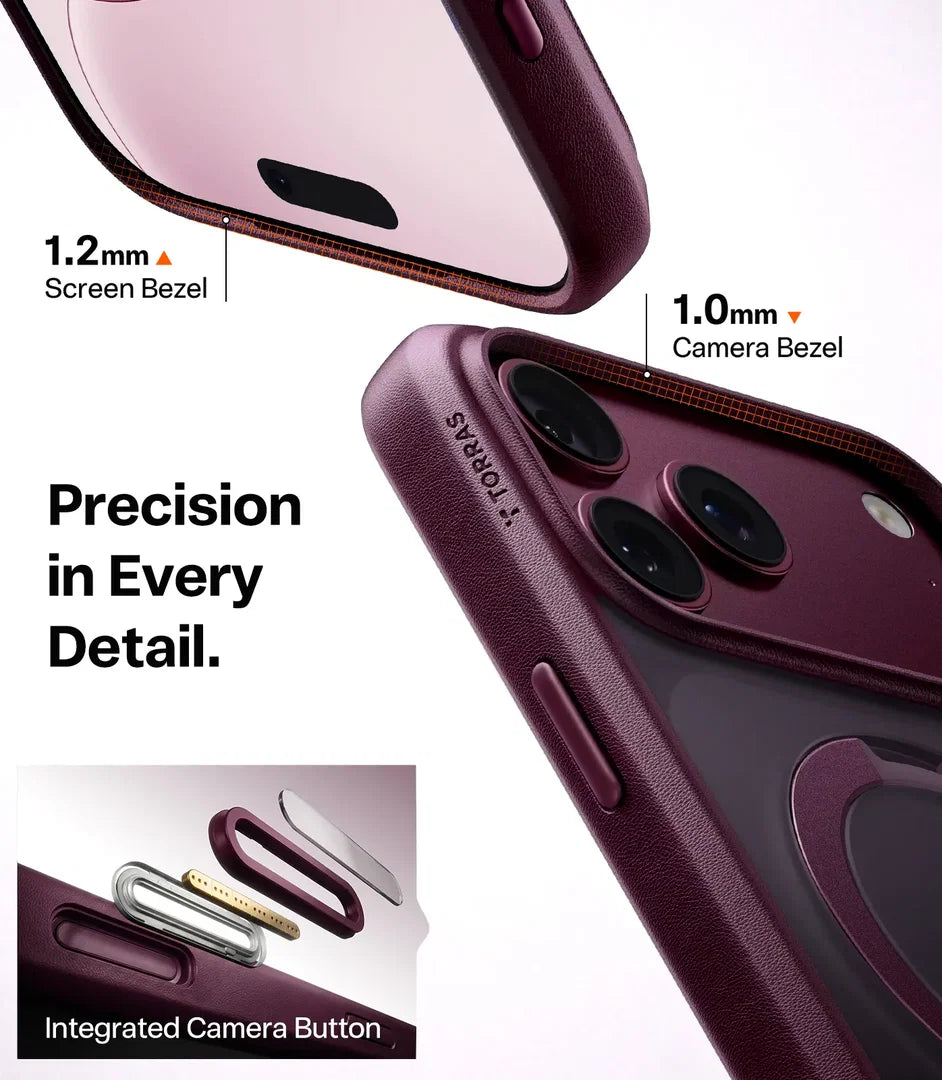 A dark plum purple phone case shown at an angle with text callouts highlighting a 1.2mm screen bezel and 1.