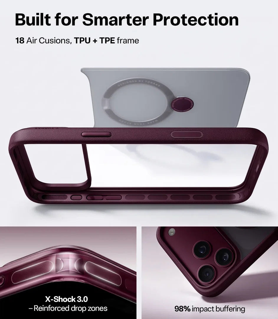A dark plum protective phone case shown on a clean white background, with marketing text at the top and two detail inset images at the bottom highlighting impact resistance and camera protection.