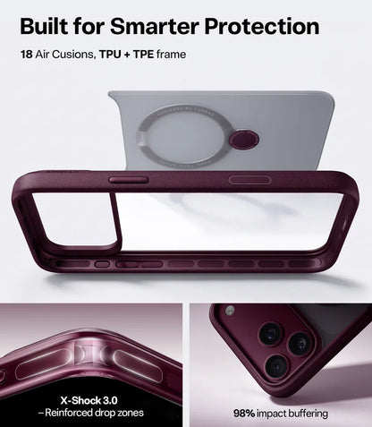 A dark plum protective phone case shown on a clean white background, with marketing text at the top and two detail inset images at the bottom highlighting impact resistance and camera protection.