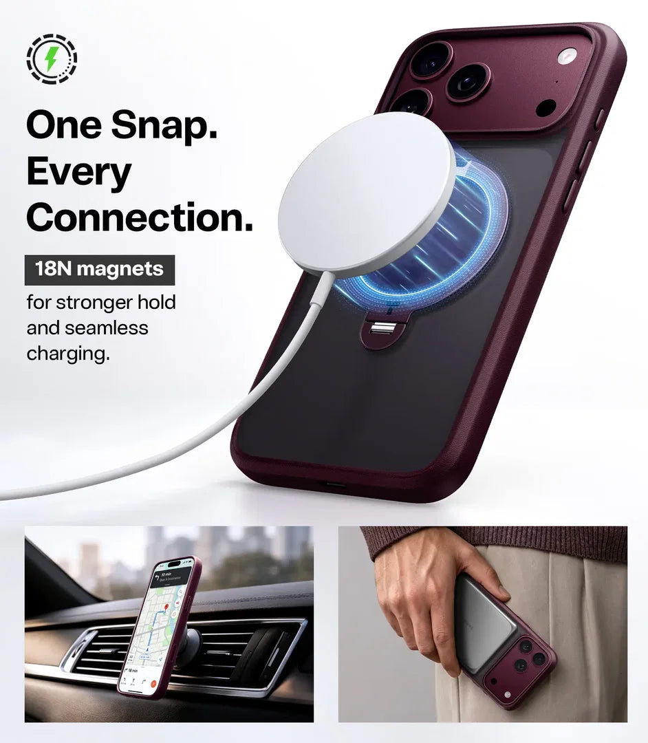 A magnetic wireless phone charger attachment shown attached to a dark burgundy phone case, with text reading 'One Snap. Every Connection.