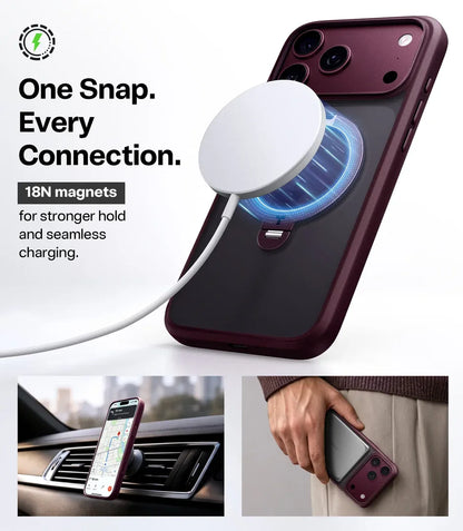 A magnetic wireless phone charger attachment shown attached to a dark burgundy phone case, with text reading 'One Snap. Every Connection.