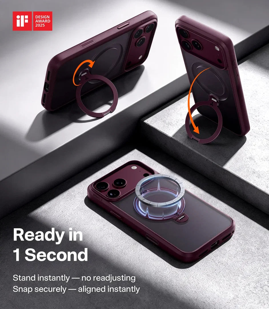 Three views of a dark purple magnetic phone case on a gray concrete-textured background, showing the snap-on ring feature with orange arrows and text reading 'Ready in 1 Second'.