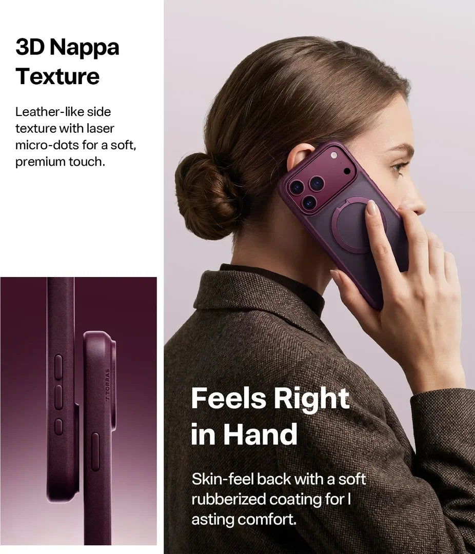 A woman holds a smartphone to her ear while wearing a translucent dark purple phone case with a MagSafe ring. The image includes marketing text describing '3D Nappa Texture' and 'Feels Right in Hand,' plus a small inset showing the side texture of the case.