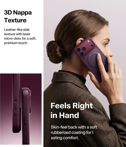 A woman holds a smartphone to her ear while wearing a translucent dark purple phone case with a MagSafe ring. The image includes marketing text describing '3D Nappa Texture' and 'Feels Right in Hand,' plus a small inset showing the side texture of the case.