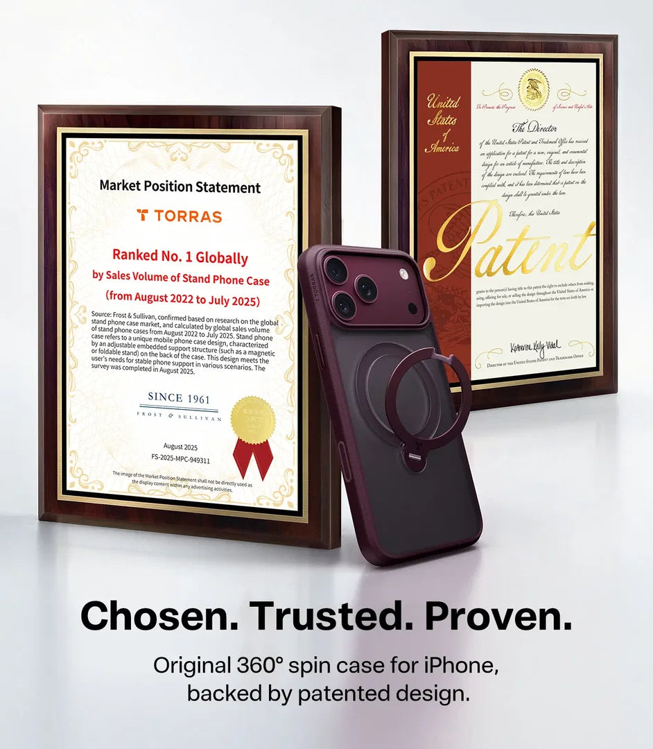 A dark burgundy iPhone case with a built-in circular ring stand is shown in front of two framed certificates on a white studio background. Text below reads 'Chosen.