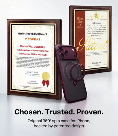 A dark burgundy iPhone case with a built-in circular ring stand is shown in front of two framed certificates on a white studio background. Text below reads 'Chosen.